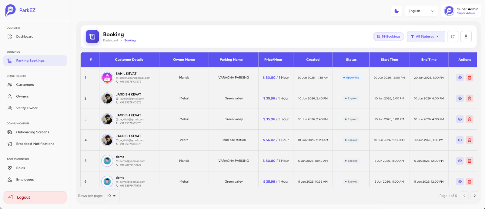 Parking Bookings